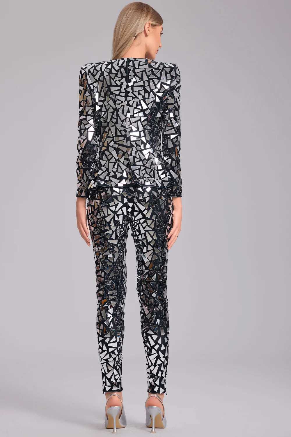 Women's Two Piece Pants Dp V Neck Mirror Sequin Two Piece Pant Set Party Club Office Lady Long Slve Matching Set Slim Casual Women Two Pieces Out
