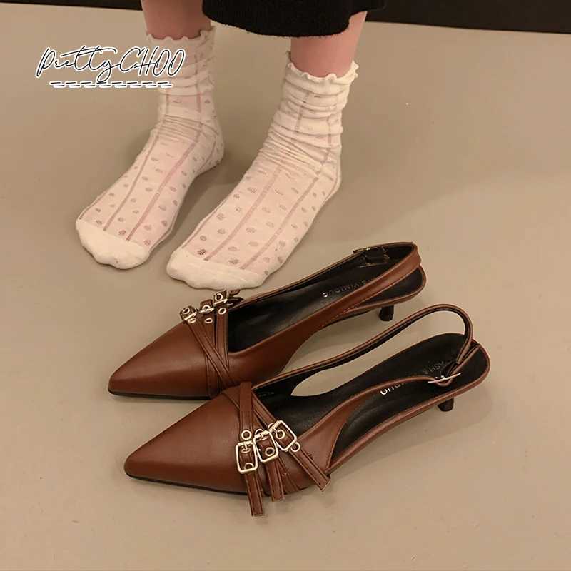 Design Shoes Wan Wine Red Narrow Band Buckle Strap Slingback Sandals Ladies Pointed hot Toe Kitten Heel ning Pary Dress Pumps Z250122
