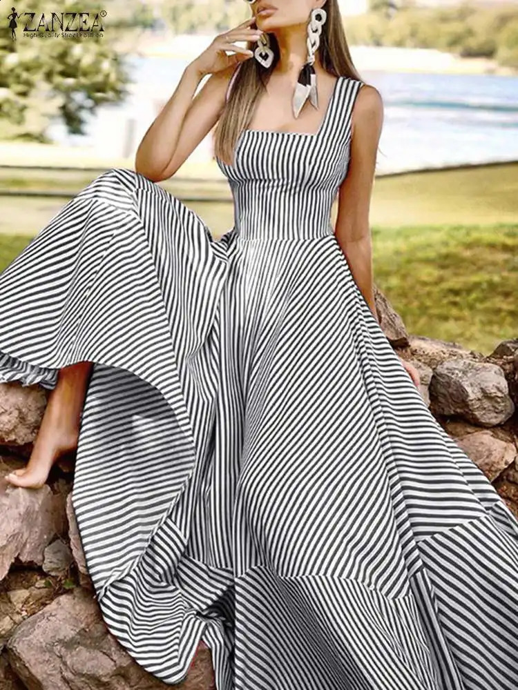 Bohemian Holiday Sun Skirt ZANZEA Summer Elegant Long Skirt Womens Chic Striped Robe Long Sleeve Beach Party Sleeveless Dress 250121