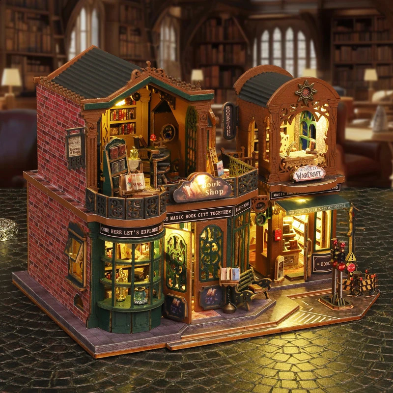 2014 DIY Big Doll House Wooden Mini Furniture Twilight Bookstore Dollhouse Handmade Home Model Assembly Toy Birthday Gift 250110