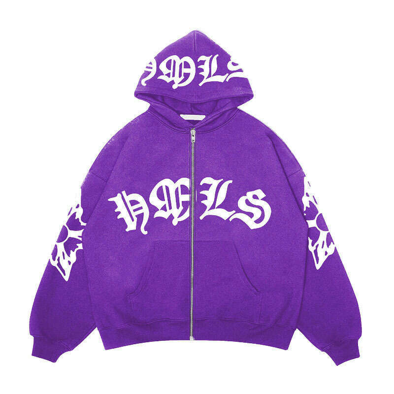 Zipper Gothic letter print trend oversize hoodie student clothing