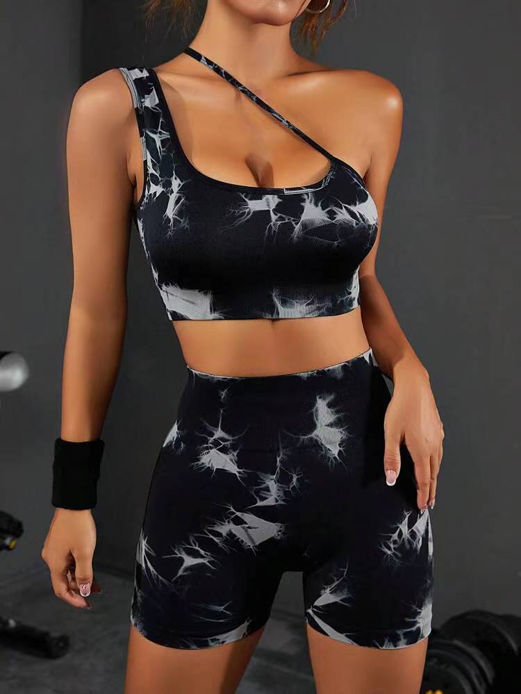 Advanced women's fashionable tie dye seamless tight fitting clothing gathering bra hip lifting yoga shorts sports and fitness clothing yoga set