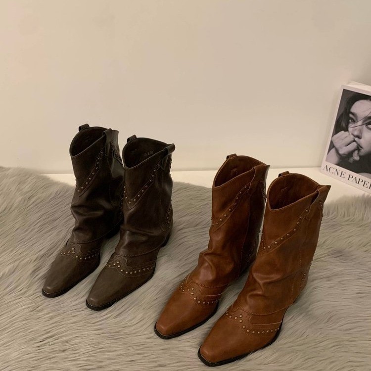 Women Boots Fashion Design Sense Chunky Heel Versatile Triple Black Brown Khaki Free shipping