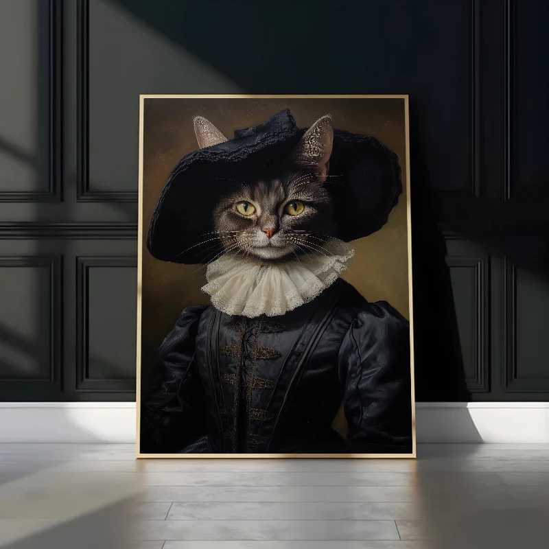 Vintage Renaissance Cat Portrait Black Cat Victorian Gothic Poster Canvas Painting Wall Art for Living With Frameless Decor Y250122
