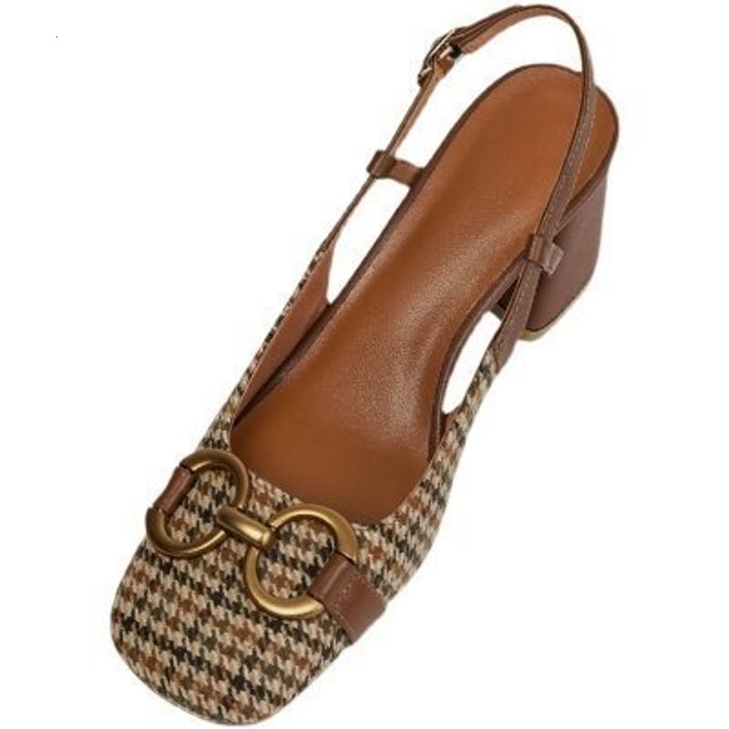 French Retro Metal Buckle Baotou Sandals Women S Spring And Summer New Style Back Empty Thick Heel High Heels Check 250318