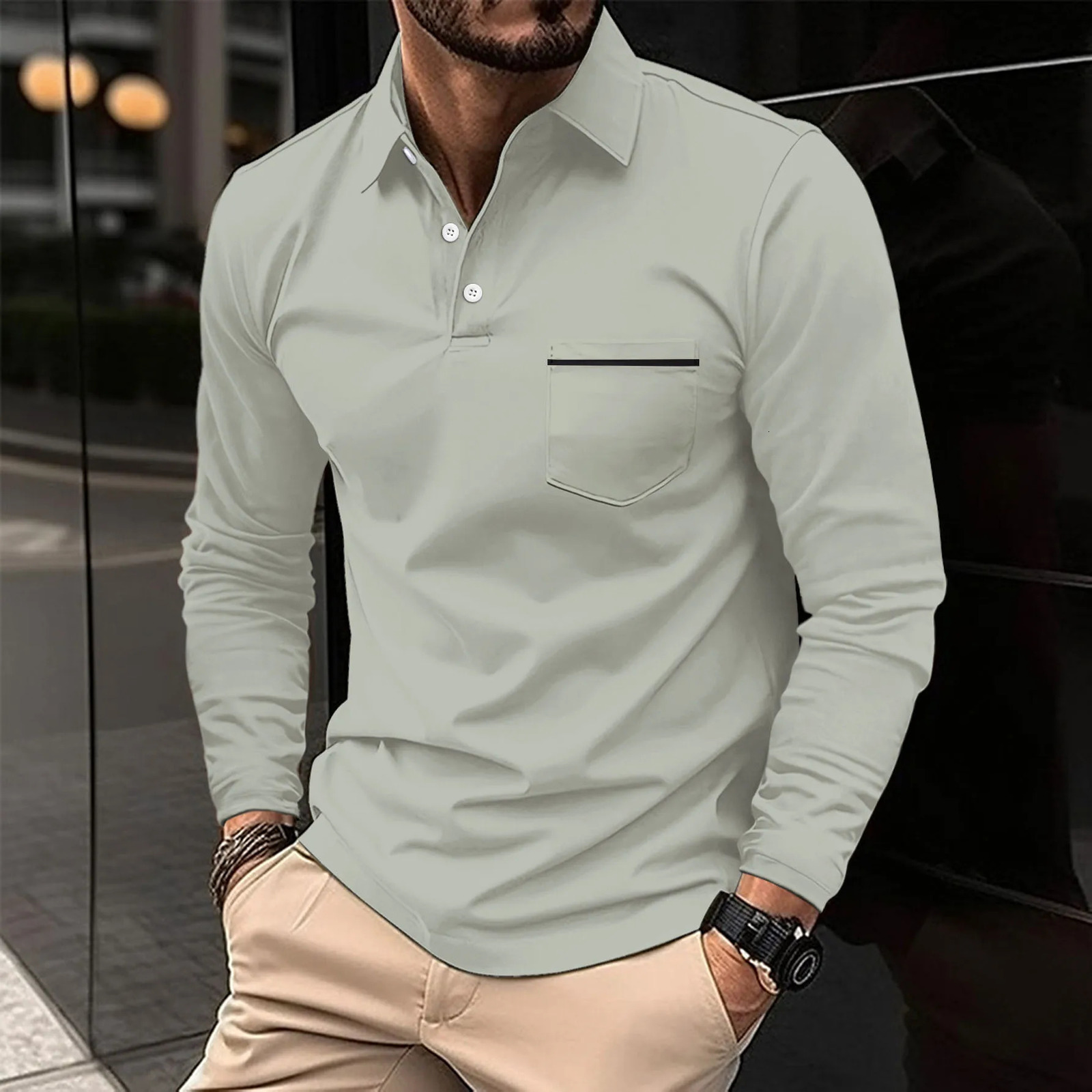2024 mens spring long sleeve pocket T-shirt Casual business buckle T-shirt Fashion polo shirt 250113