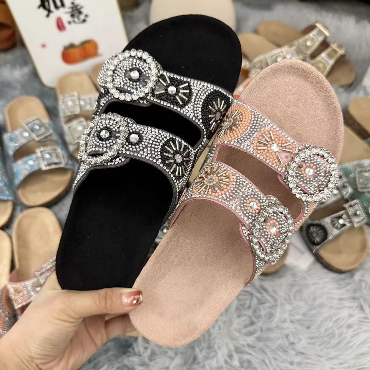 Europe and the United States foreign trade cross-border large size summer women's slippers fashion diamond buckle water pine cork slippers factor