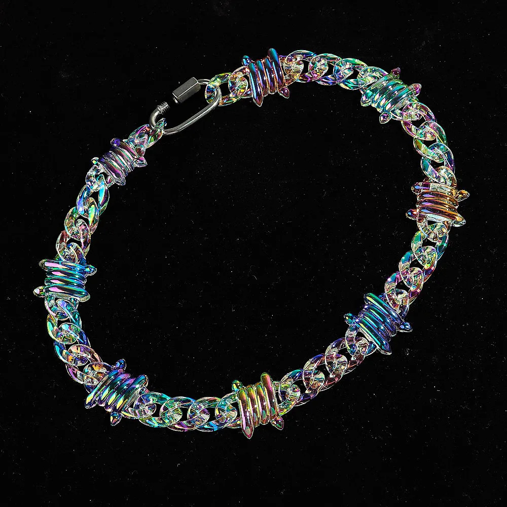 Punk Iridescent Clear Acrylic Chain Lock Pendant Necklaces for Men Women HipHop Spike Chain Collar Fashion Jewelry Gifts 250118
