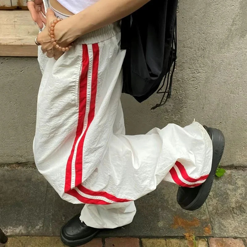 Y2K Vintage White Sweatpants Women Streetwear Hip Hop Quick Dry Yellow Joggers Oversize American Retro Striped Track Pants 250118