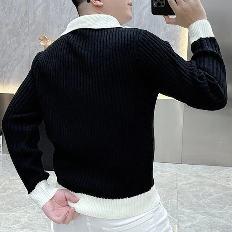 Men Korean Fashion Black White Contrast Color Business Casual Knitted Sweater Half Zipper Polo Collar Long Sleeve Slim Pullovers 250113