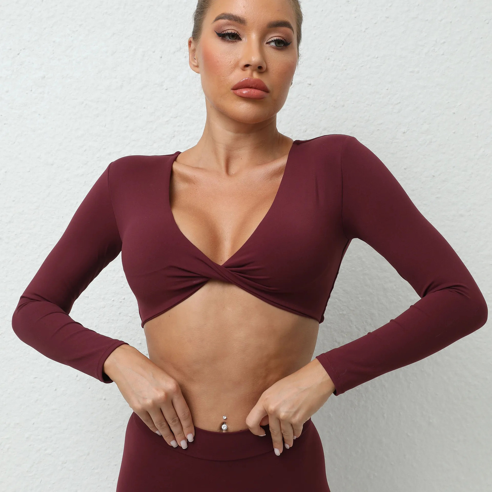Sexy Yoga Shirts Long Sleeve Yoga Crop Tops Low Cut Bra Integrated Shirts Gym Shirt Workout Gym Top Insert Pads Slim Fit Sports 250219