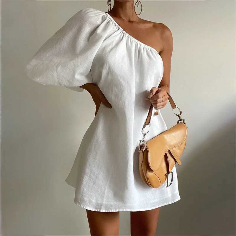 Basic Casual Dresses Spring Womens Fashionable Slim Skew Shoulder Cotton Linen Dresses Elegant White Black Single Shoulder Slve Party Mini Dress H2512