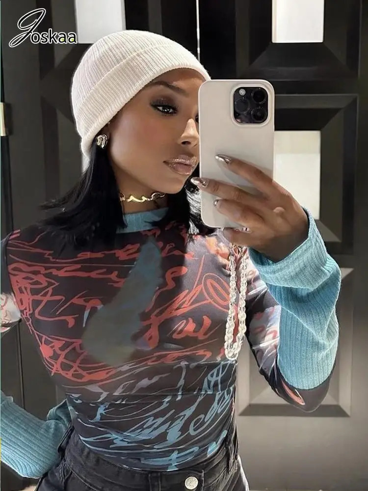 Joskaa Print Mesh Womens Sexy See Through O-Neck Long Sleeve Top Autumn/Winter Graphic T-shirt Haruku Street Clothing 250121