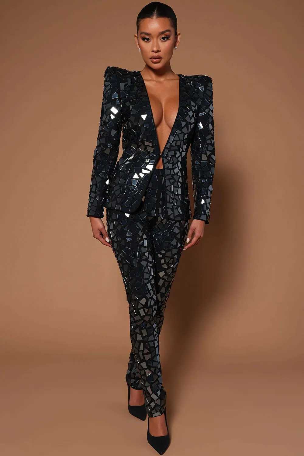 Women's Two Piece Pants Dp V Neck Mirror Sequin Two Piece Pant Set Party Club Office Lady Long Slve Matching Set Slim Casual Women Two Pieces Out