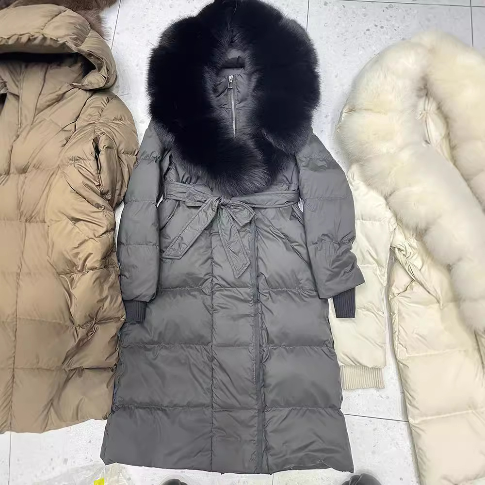 Fox fur big fur collar down jacket extended hooded winter style slimming waist cinched knee high thick womens jacket 211207