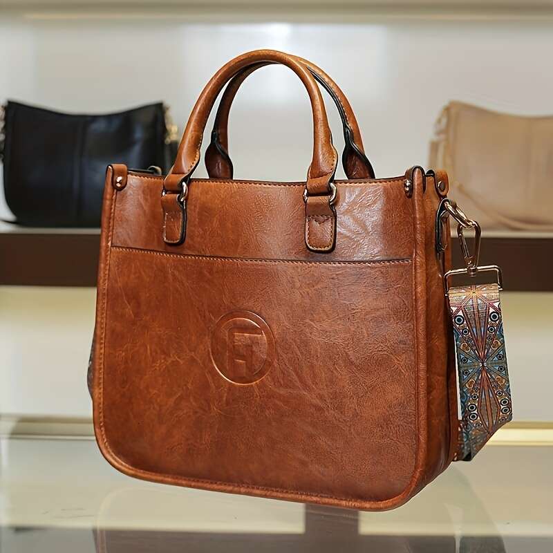 Solid color handbag, fashionable PU leather bag, Bohemian wide shoulder strap women's crossbody bag