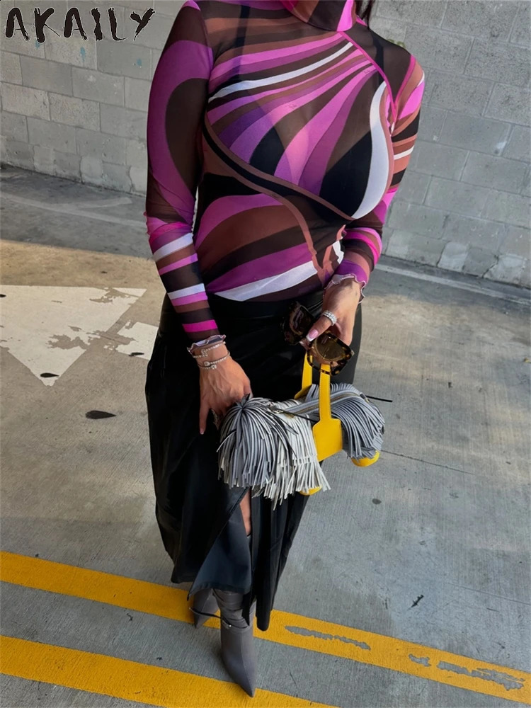 Akaily Winter Fashion Womens Purple Printed High Collar Mesh Top Coquette See Through Long Sleeve Shirt Y2K Party Clothing 250121