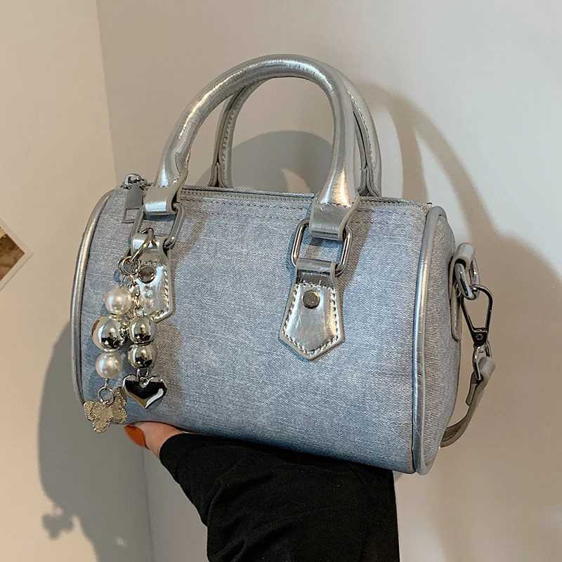 Luxury Designer Beading PU and Denim Patchwork Womens Handbag Casual Crossbody Bag Pillow Tote Y250324