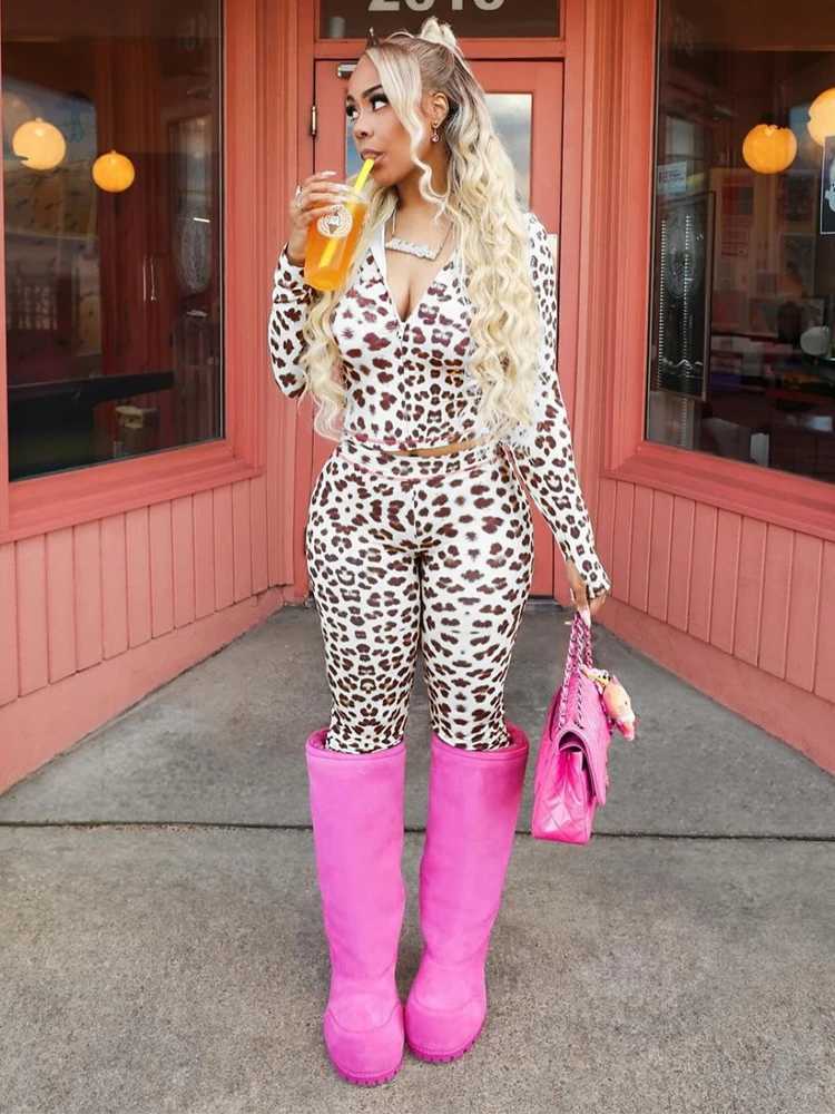 Women's Two Piece Pants Leopard Print Two Piece Set Women Spring 2025 Strt Clothing Y2k Fashion Tracksuit Long Slve Zip Hoodie Crop Tops Pants Se
