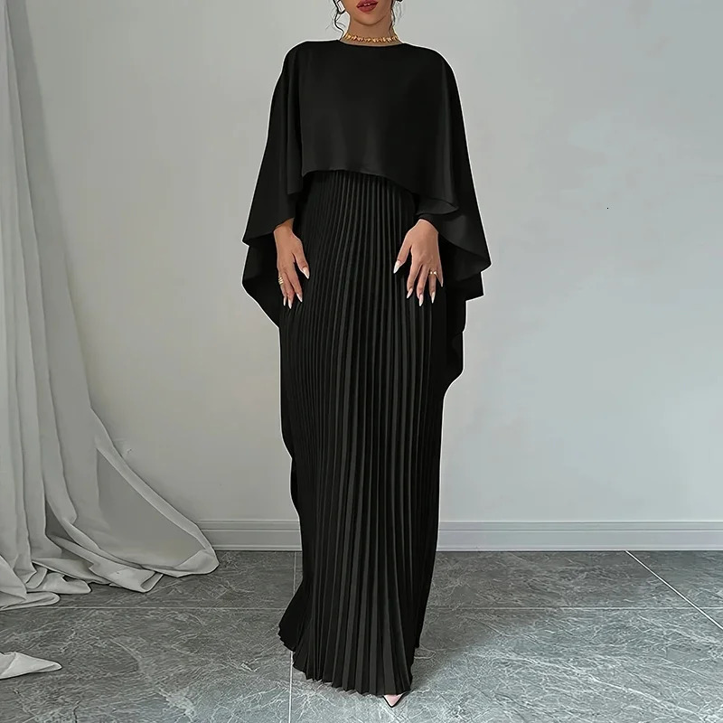 Women Elegant Crew Neck Irregular Shawl Vest Pleated Dresses Autumn Solid Color Cloak 2 Piece Set Loose Evening Gown Vacation 250113