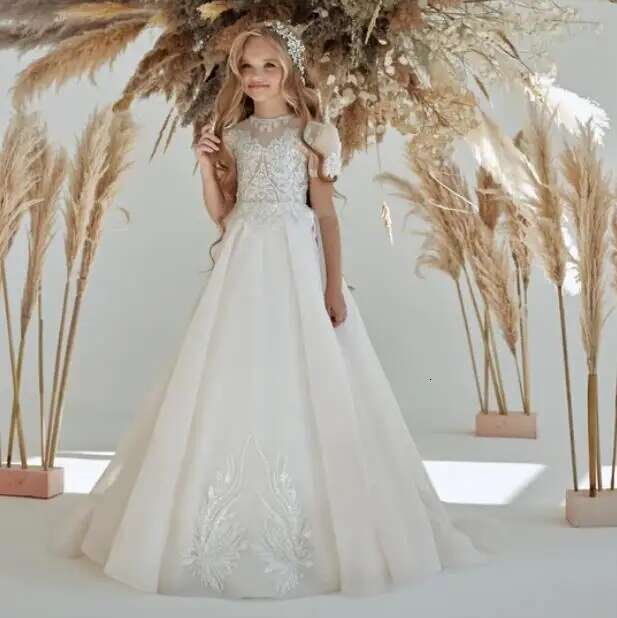 Short Sleeves Wer Girl For Weddings A-E Tulle Appliques Pearls Long First Communion Dresses Little Customized