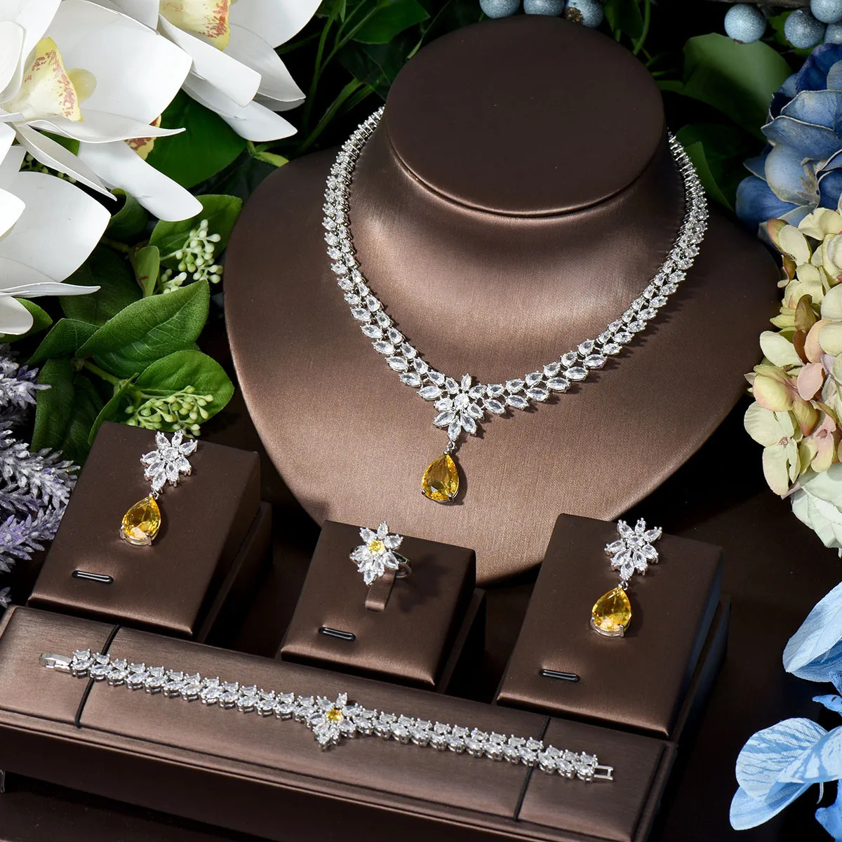 HIBRIDE Elegant Women Wedding Jewellery African CZ Crystal Water Drop Bridal Necklace Bracelet And Earrings Jewelry Sets N-789 250118