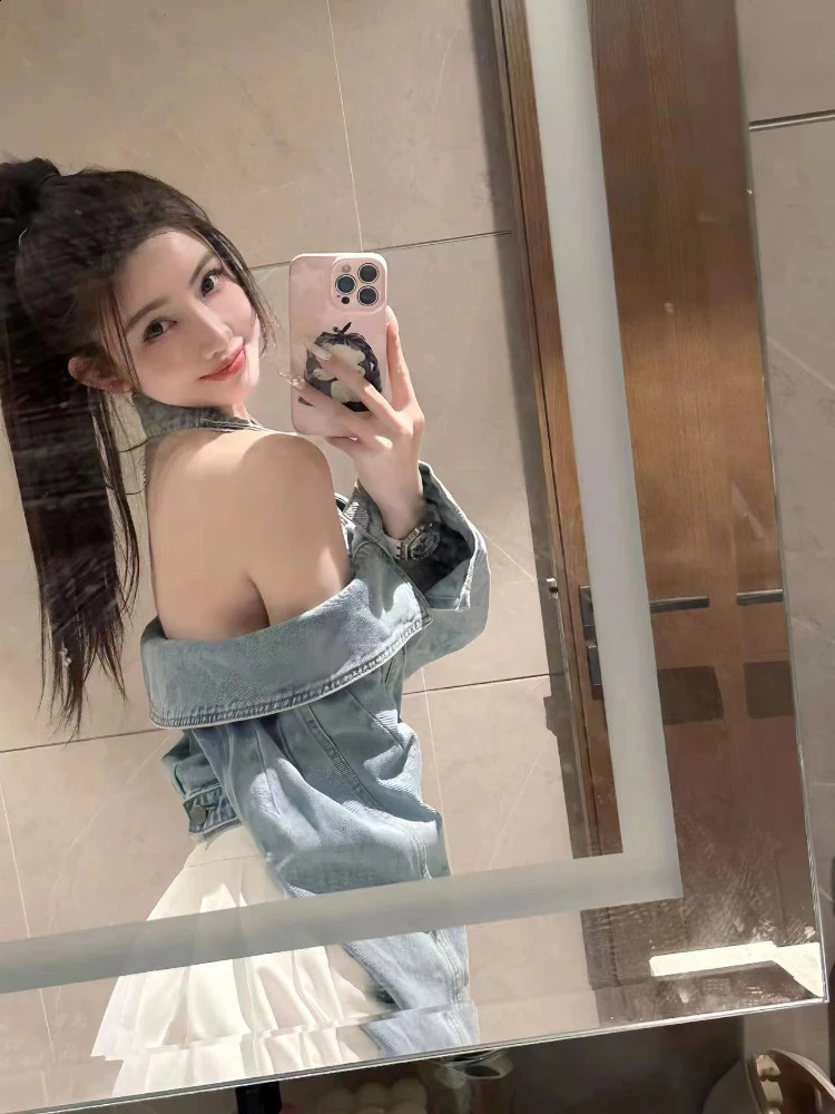 Halter Y2k Crop Jackets for Women Vintage Long Sleeve Slash Neck Denim Coat Top Womens Clothing All Match Fashion Casual Outwear 250118