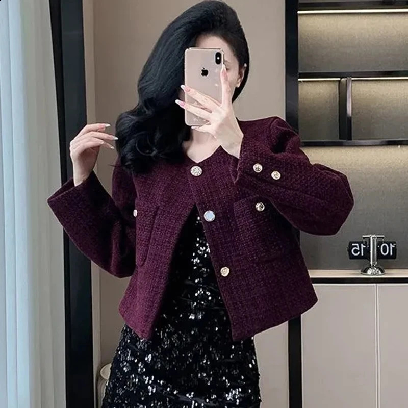 Autumn Winter Women Tweed Coat Korean Fashion Single Breasted Cropped Jacket Woman Elegant Loose Short Outerwear Clothes 250109