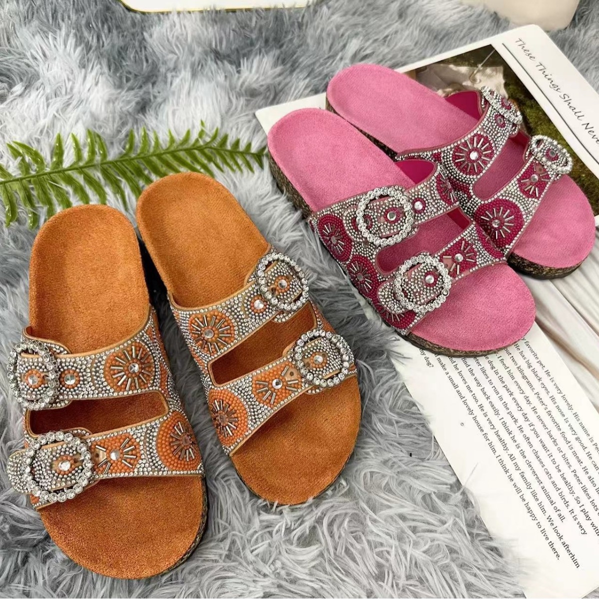 Europe and the United States foreign trade cross-border large size summer women's slippers fashion diamond buckle water pine cork slippers factor