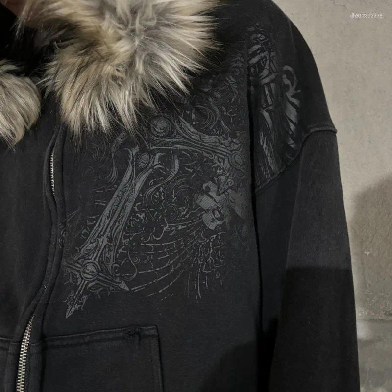 Men's Hoodies Skull Printed Gothic Black Faux Fur Collar Hooded Coats Zipper Fleece Hip Hop Sweatshirts Oversized Jackets Men
