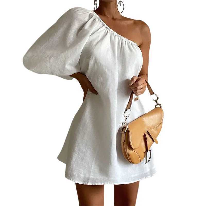 Basic Casual Dresses Spring Womens Fashionable Slim Skew Shoulder Cotton Linen Dresses Elegant White Black Single Shoulder Slve Party Mini Dress H2512