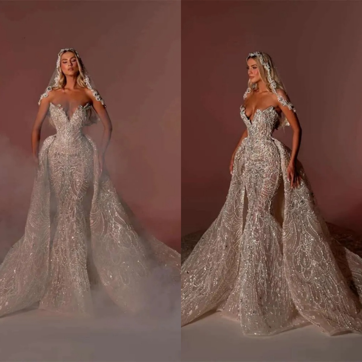 Luxury Mermaid Wedding Dress Beading Crystal Sequins Strapless Bride Gown Lace Detachable Sweep Train Bridal Dresses Customized
