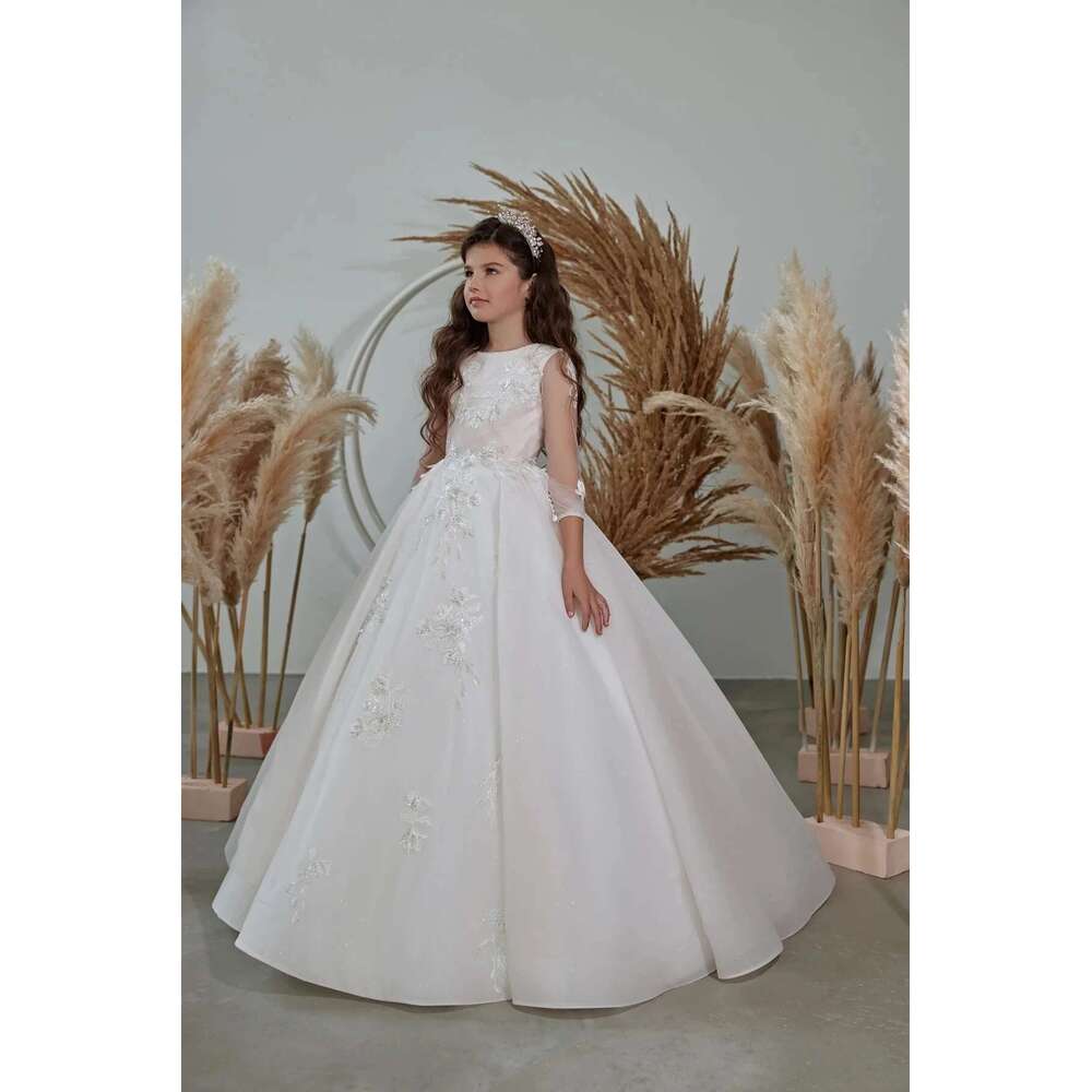 3/4 Sleeves Wer Girl For Weddings Ball Gown Tulle Appliques Beaded Long First Communion Dresses Little Customized 6660311