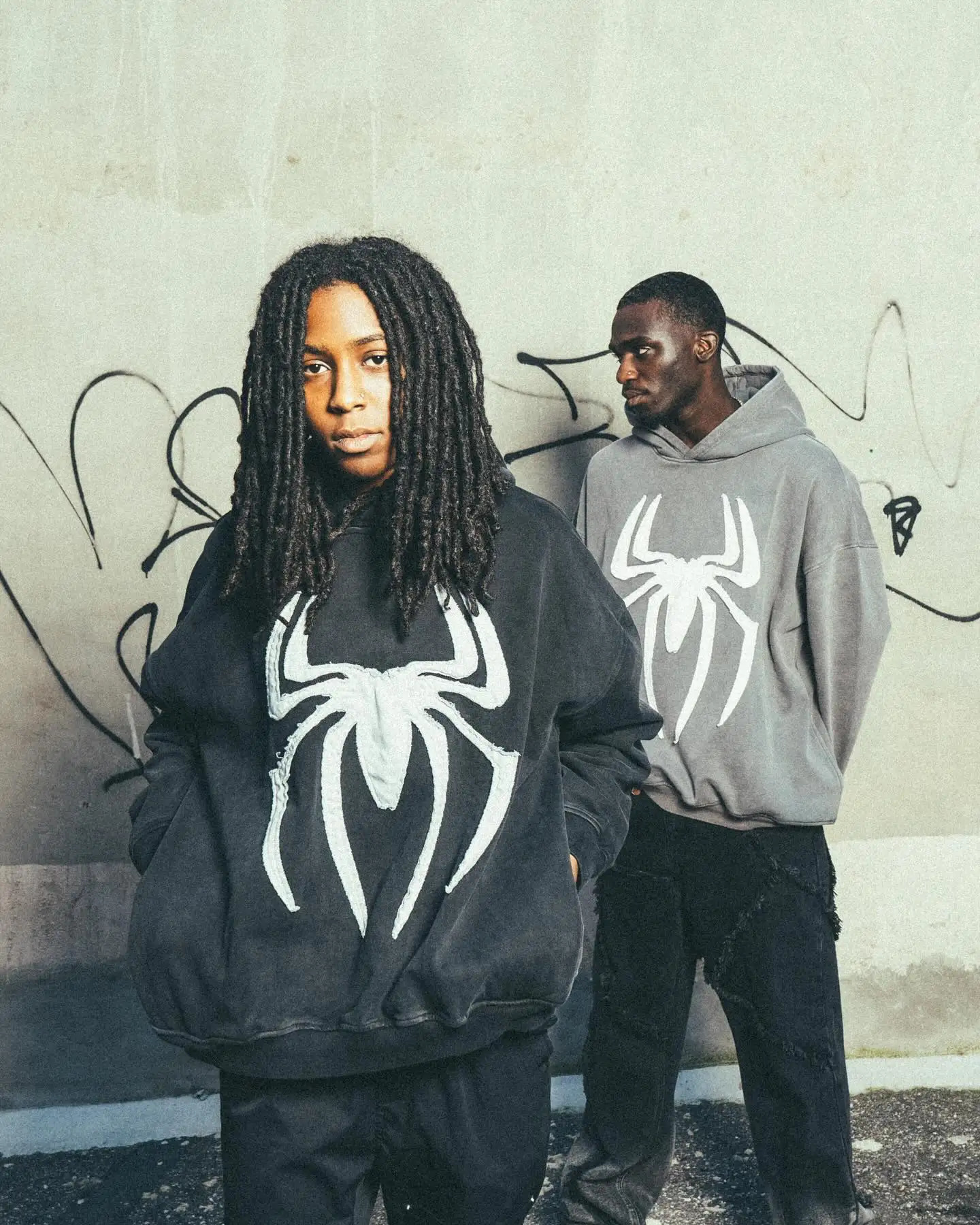 Grey Black Gothic Big Spider Pattern Patchwork Hooded Pullover Y2k Retro Loose Men Women Hip Hop Hoodie Jacket Street Sweatshirt 250110