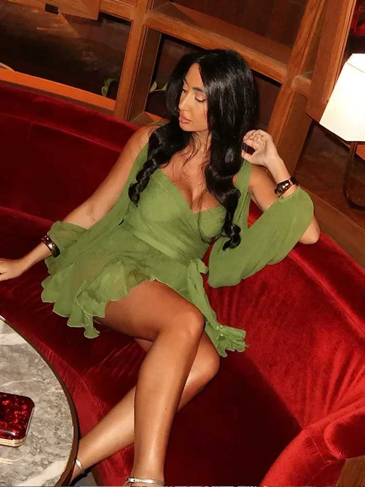 Basic Casual Dresses Sexy Chiffon Grn Ruffles Split Dress V-neck Long Sleeve A Line Mini Dress 2025 Fashion Female Holiday Beach Vacation Dresses H251
