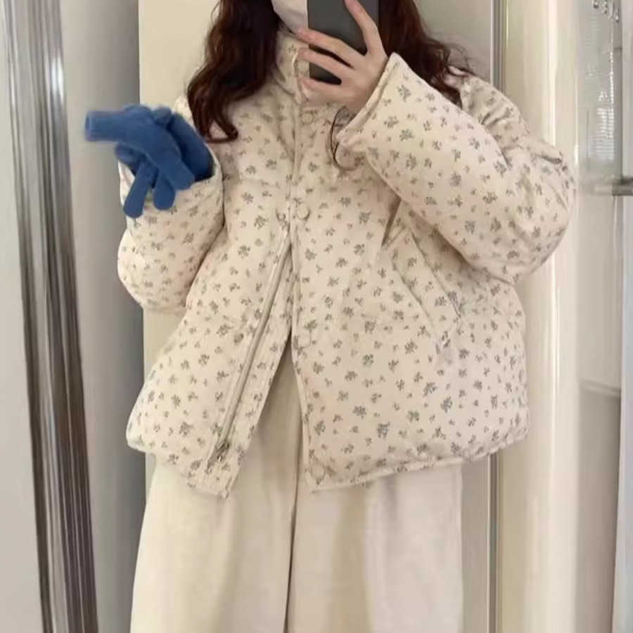 Korean Version of Fresh Floral Standing Collar Cotton Jacket for Womens Winter New Design Loose and Thick Student Cotton Jacket Short Jacket Women Coa