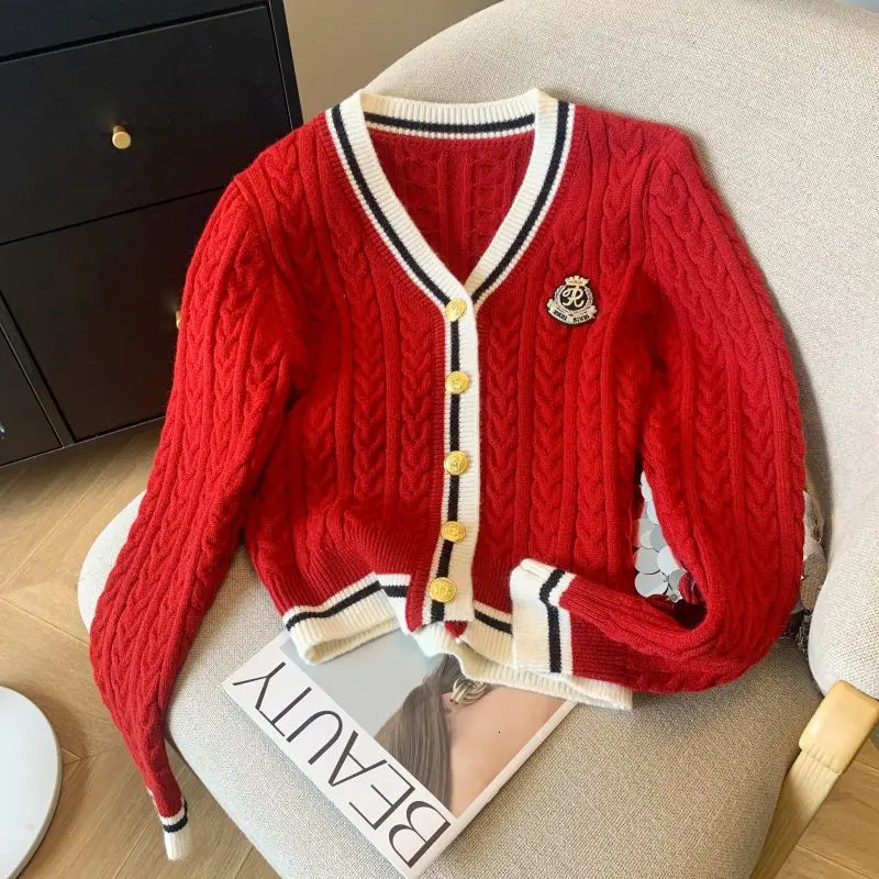 Autumn Winter Preppy Style V-Neck Knitting Long Sleeve Cardigan Women Casual Appliques Single Breasted Female Loose Sweater 250121