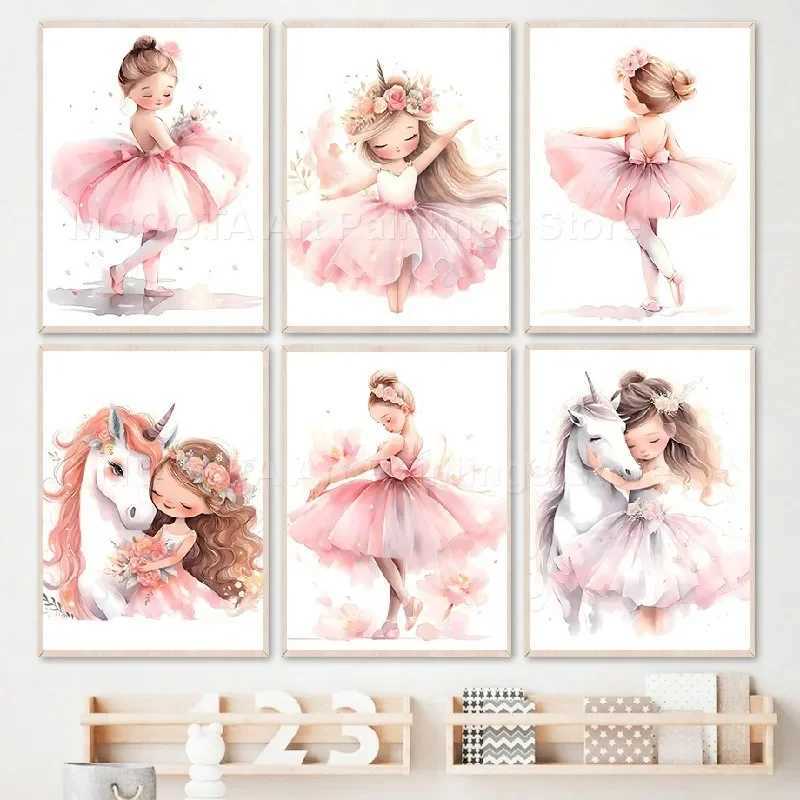 Girl Unicorn Ballerina Nursery Wall Art Canvas Painting Nordic Posters And Prints Pictures Baby Kids Ro Decor Y250122
