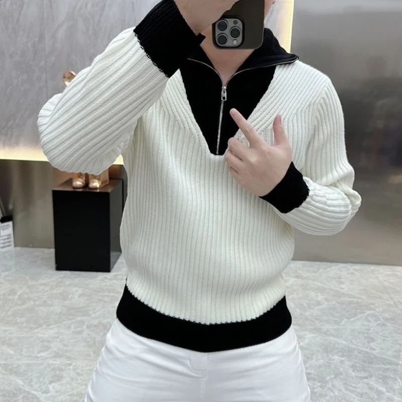 Men Korean Fashion Black White Contrast Color Business Casual Knitted Sweater Half Zipper Polo Collar Long Sleeve Slim Pullovers 250113