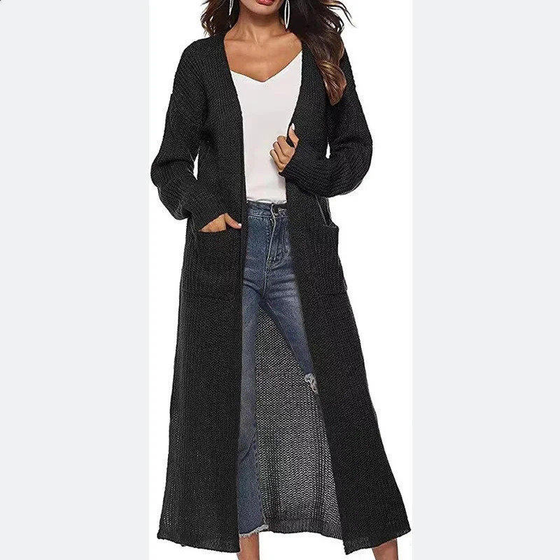 Women Solid Color Loose Cardigan Knitted Sweater 2023 Autumn Winter Coat Long Sleeve Pocket 250109Z