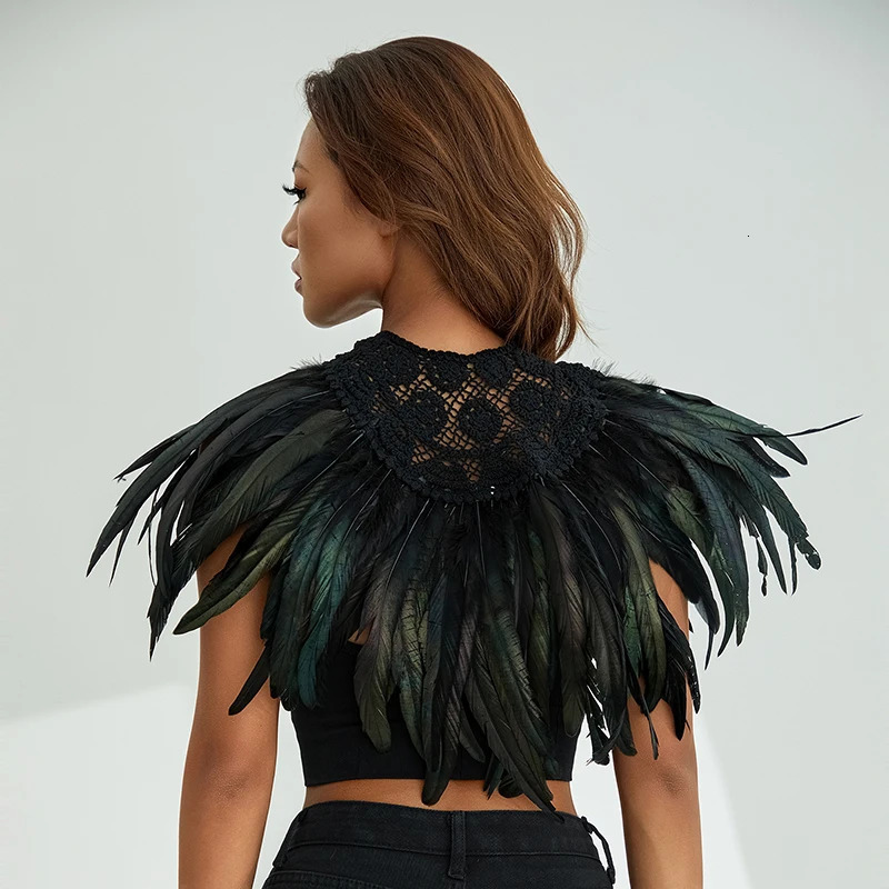 Women Natural Feather Cape Maleficent Costume Gothic Lacing Shawl Shrug Collar Feather Cape Halloween Cosplay Christmas Party 250121