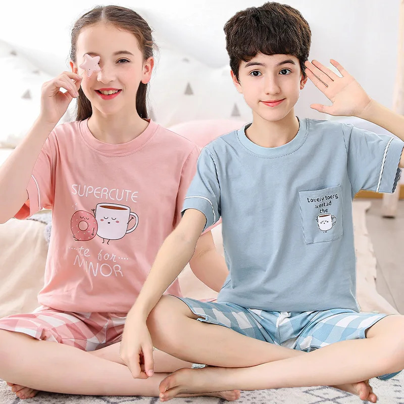 Teenage Boys Girls Pajamas Summer Short Sleeved Childrens Clothing Sleepwear Cotton Pyjamas Sets For Kids 8 10 12 14 16 Years 250121