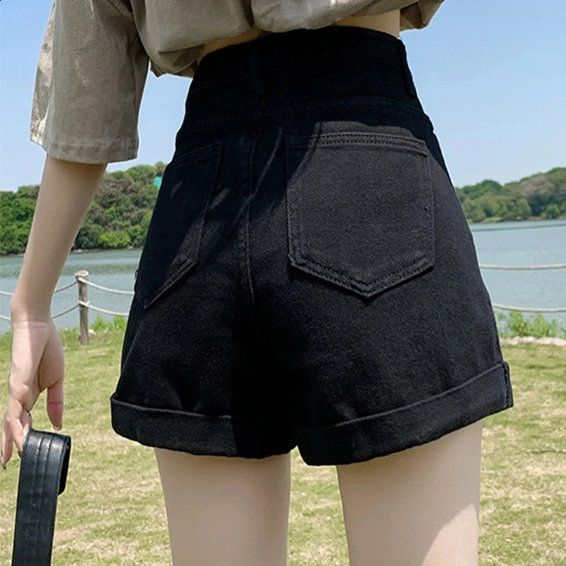 Summer Women High Waist Button Wigh Leg Jeans Shorts Casual Female Loose Blue Denim Shorts Black White 250118