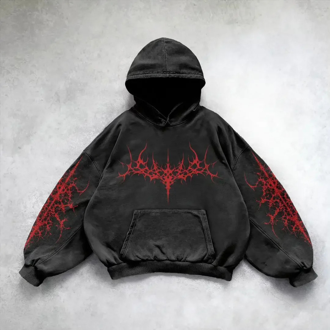 Gothic punk oversized graphic printed black hoodie loose Harajuku long sleeved pullover mens and womens sportswear tops Y2K hoodie