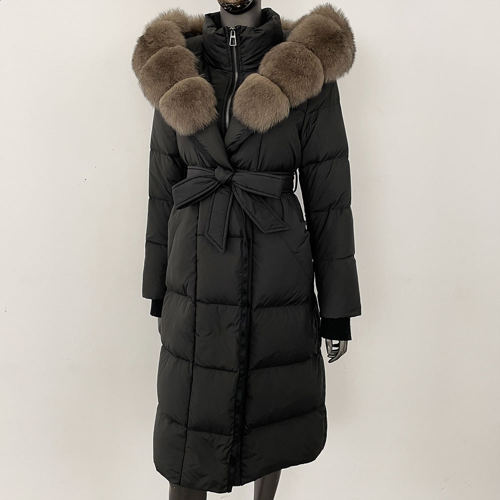 Fox fur big fur collar down jacket extended hooded winter style slimming waist cinched knee high thick womens jacket 211207