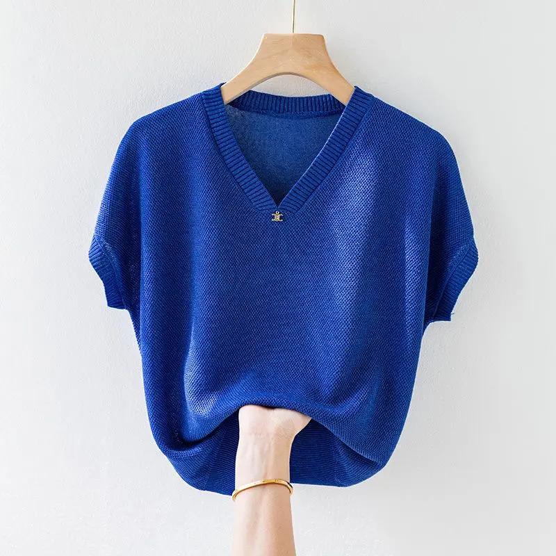 Summer Ice Silk Short Sleeve Tshirt Womens Loose Outwear Korean Solid Vneck Youthful Vitality Fashion Vintage Knit Thin Top 250120