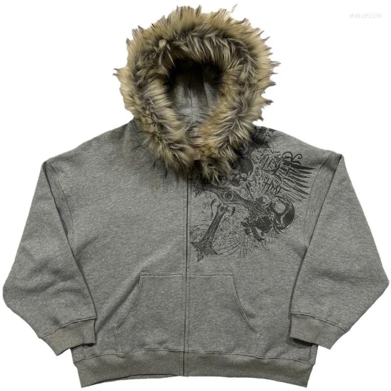 Men's Hoodies Skull Printed Gothic Black Faux Fur Collar Hooded Coats Zipper Fleece Hip Hop Sweatshirts Oversized Jackets Men