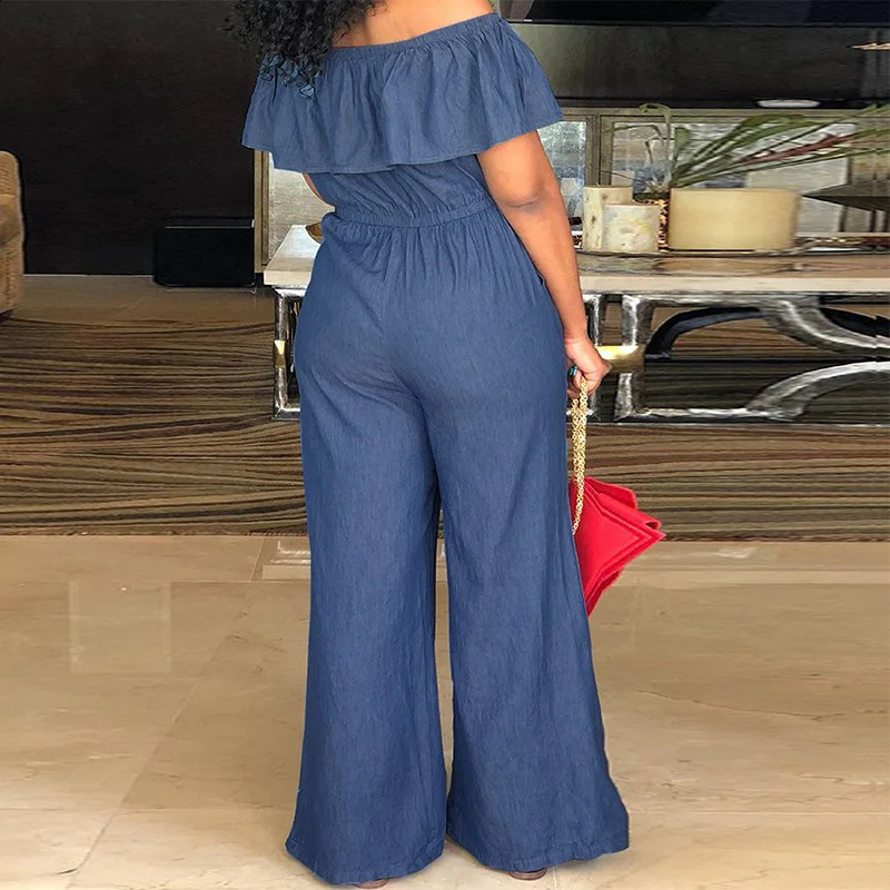 Plus Size Jean Jumpsuit Female Off Shoulder Denim Cloth Women One Piece Outfit Casual Wide Leg Pant Autumn Elegant Jumpsuit 250113