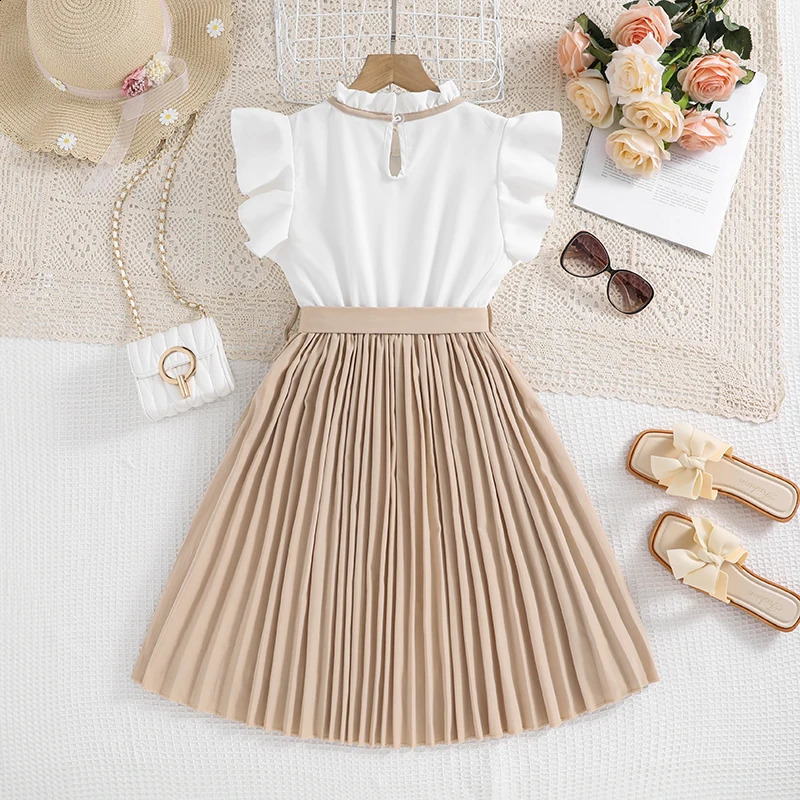 Kids Dress For Girls White Petal Sleeves Pleated Khaki Skirt Bow tie Preppy Style Elegant Birthday Party Clothes For 8-12 Years 250304