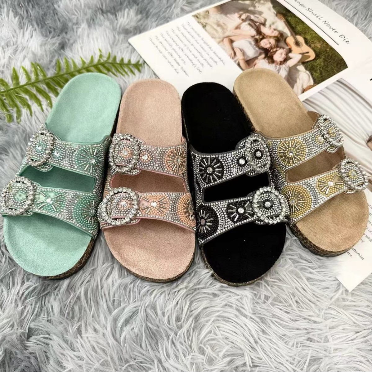 Europe and the United States foreign trade cross-border large size summer women's slippers fashion diamond buckle water pine cork slippers factor